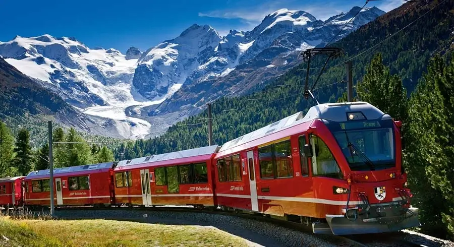 Bernina Railway - Links the spa resort of St. Moritz, in the canton of Graubunden, Switzerland, with the town of Tirano, in the Province of Sondrio, Italy, via the Bernina
