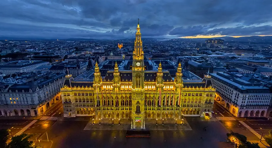 Aerial view of Vienna city hall at night