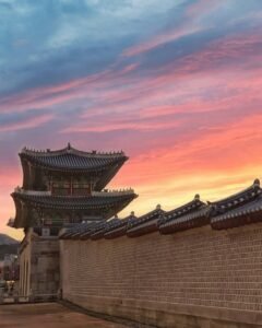 Seoul skyline with Gyeongbokgung Palace at sunset