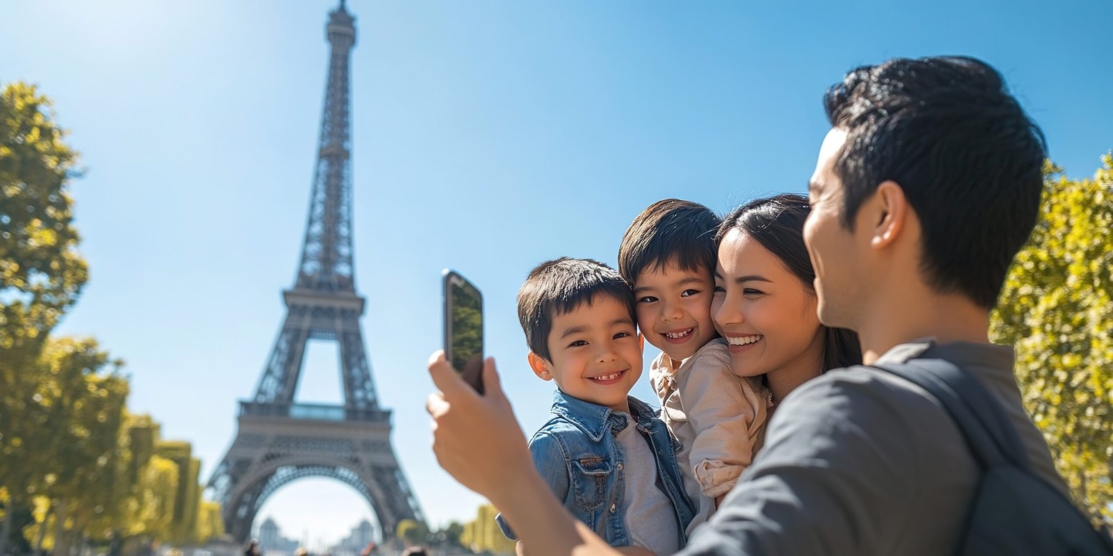 Family selfie in front of Eiffel Tower, sunny day