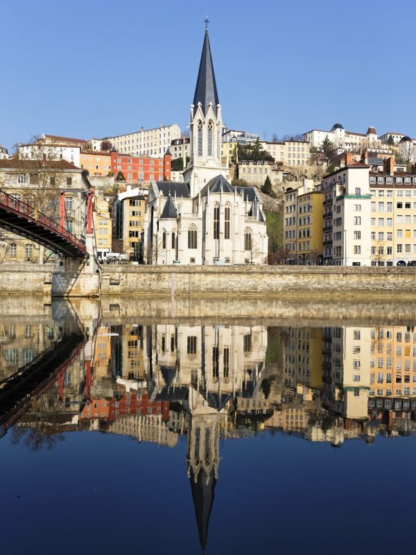 ancient; apartment; architecture; bank; basilica; blue; bridge; building; cathedral; catholic; church; city; cityscape; clear; cloud; cloudscape; colorful; district; embankment; europe; fourviere; france; hill; house; idyllic; landmark; lyon; medieval; old; panorama; panoramic; postcard; reflection; river; riverbank; riverside; saone; scene; sky; stitched; urban; vieux; water