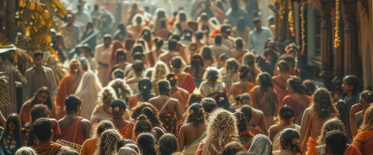 crowded Indian street, religious ritual, vertical format, traditional attire, cultural symbols, ceremonial activities, spiritual atmosphere --chaos 12 --ar 9:16 --stylize 390 Job ID: d70baf70-b46c-4816-87ea-1de916729fd4