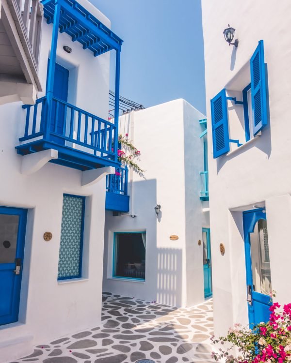 Beautiful Architecture building Exterior with santorini and greece style - Vintage light filter