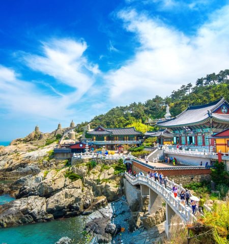 Haedong Yonggungsa Temple and Haeundae Sea in Busan, Buddhist temple in Busan, South Korea.