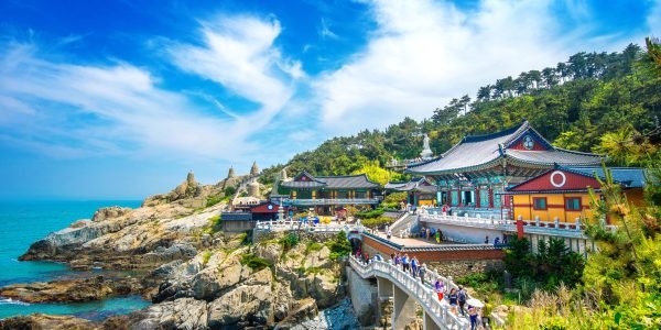 Haedong Yonggungsa Temple and Haeundae Sea in Busan, Buddhist temple in Busan, South Korea.