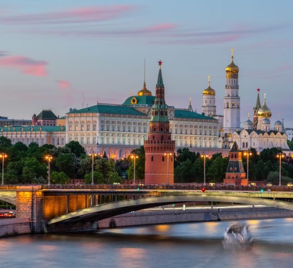 A panoramic shot of The Moskva River with long exposure near the Kremlin in the evening in Moscow, Russia