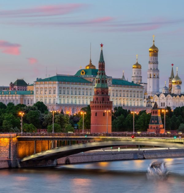 A panoramic shot of The Moskva River with long exposure near the Kremlin in the evening in Moscow, Russia