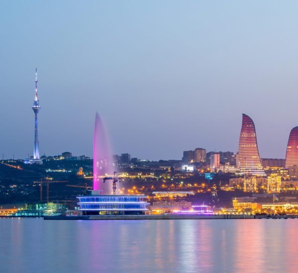 Night view of Baku Azerbaijan during sunset