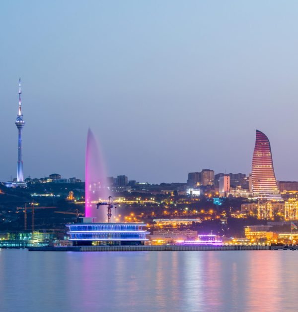 Night view of Baku Azerbaijan during sunset