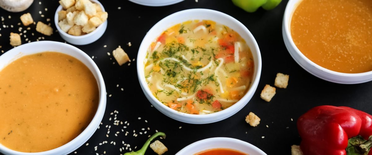 soup set mushroom lentil pumpkin tomato chicken side view