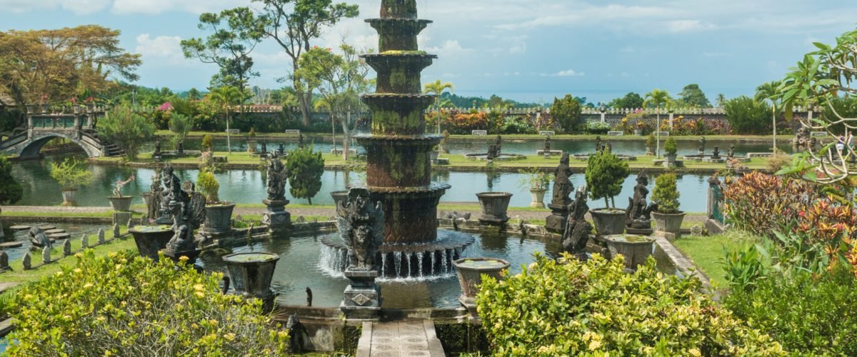 Tirtagangga water palace with fountains  and ponds on Bali, Indonesia